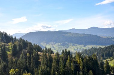 Yoğun çam ormanları, katmanlı tepeler ve köylerle benekli uzak bir vadi ile sakin dağ manzarası. Açık mavi gökyüzü, yumuşak ışık ve yemyeşil, huzurlu bir kırsal ortam yaratır.