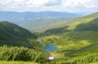 Zümrüt çayırlarıyla nefes kesen dağ vadisi, küçük mavi Vorozheska gölü ve parlak bir gökyüzünün altında yuvarlanan tepeler. Doğa, seyahat ve açık hava macera görselleri için mükemmel. Svydovets, Karpatlar