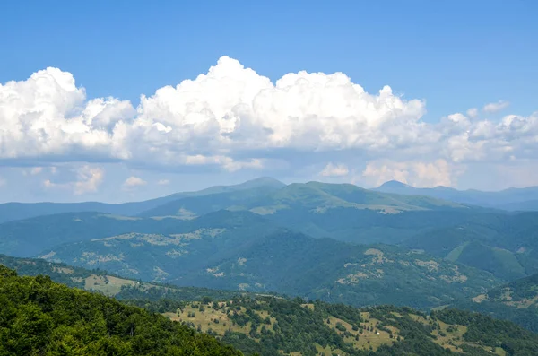 Yeşil tepeleri yuvarlayan panoramik manzara ve açık mavi gökyüzünün altındaki uzak dağlar, beyaz bulutlarla benekli. Karpatlar, Ukrayna