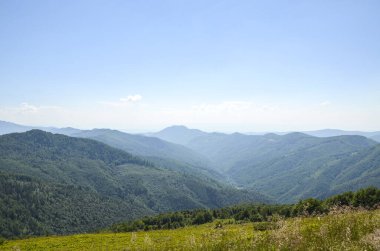 Geniş dağ vadisi manzarası, yuvarlanan yeşil orman tepeleri ve açık mavi gökyüzü. Karpat Dağları, Ukrayna