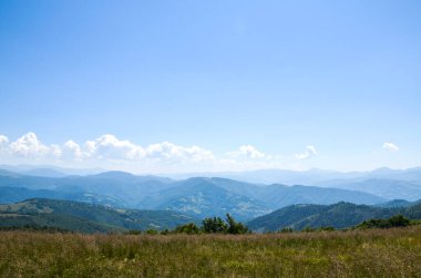 Yuvarlanan tepeleri ve açık mavi gökyüzünün altında çimenli çayırları olan güneşli dağ manzarası. Uzak katmanlı dağlar ve yumuşak bulutlar sakin, açık ve barışçıl bir atmosfer yaratır.