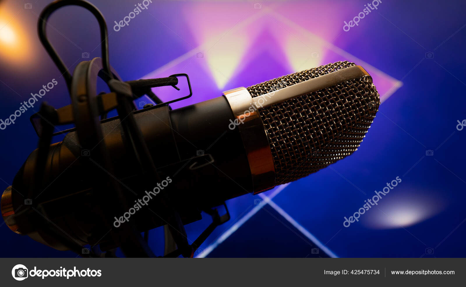 Microphone Pedestal Party Atmosphere Background Lights Color Stock