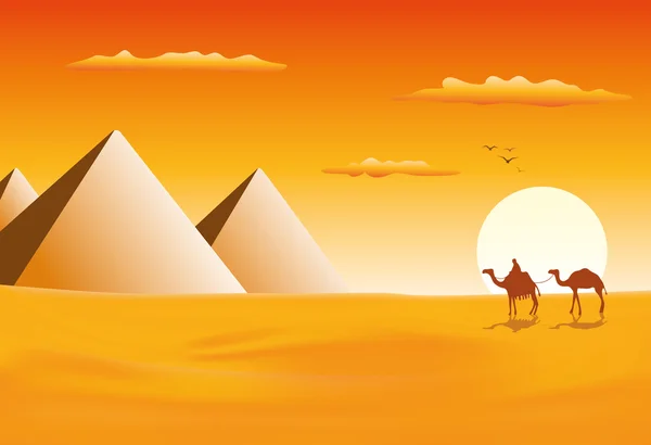 Caravana de camellos en las pirámides de Giza — Vector de stock