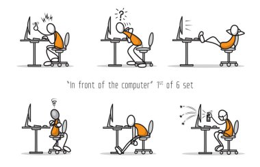 Bilgisayarın önündeki mizah çizgi film karakteri. Resimleri Yazdır