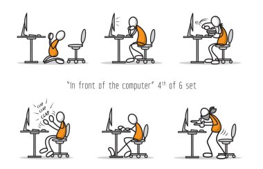 Bilgisayarın önündeki mizah çizgi film karakteri. Resimleri Yazdır
