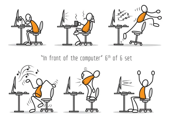 コンピュータの前でユーモア漫画の男のベクトルセット。イラストを印刷 — ストックベクタ