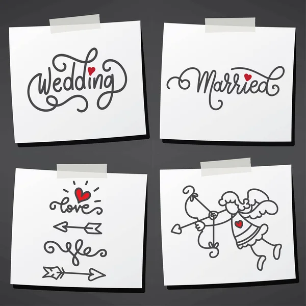 Set of sticky notes.Hand drawn stick figure and lettering.Arrow and heart icons. — Stock Vector