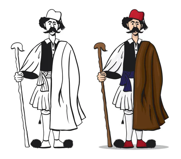 Hand drawn shepherd. Greek traditional costume.