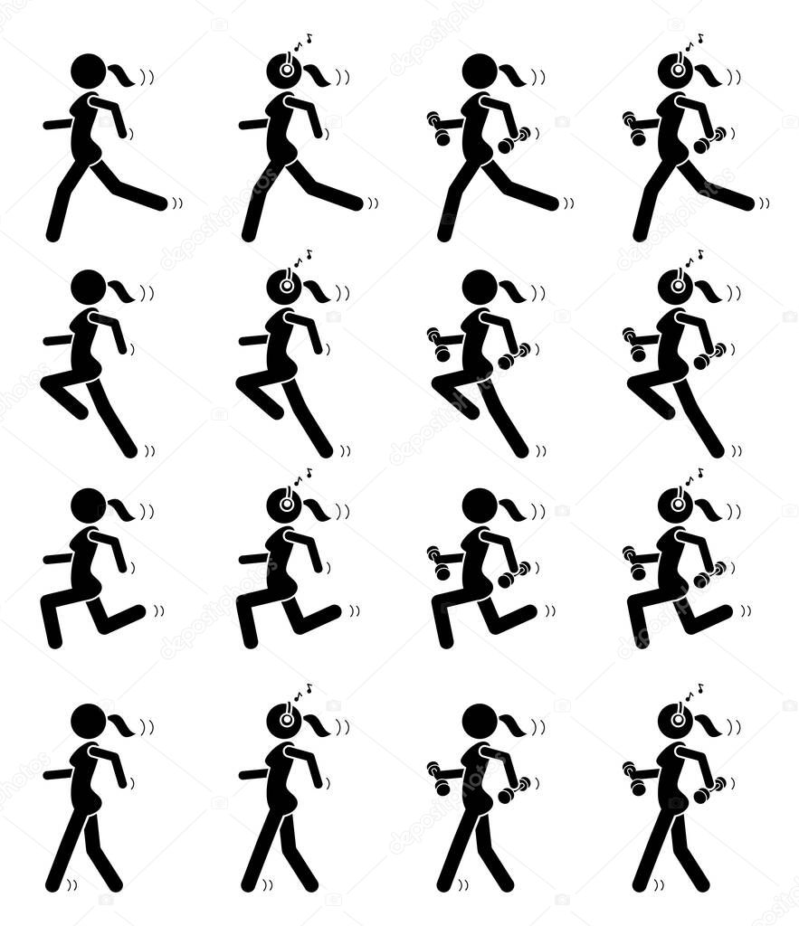 Woman exercise in different poses. Black stick figures exercising. Vector print illustration