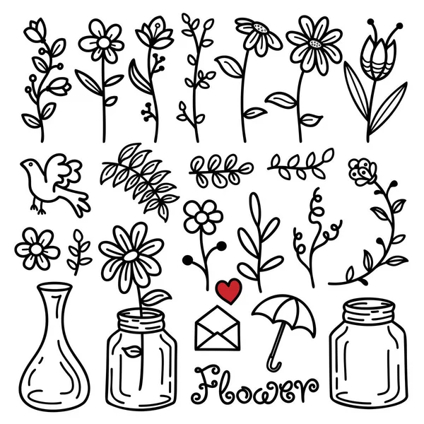 Elementos de flores y hojas dibujados a mano garabato — Vector de stock