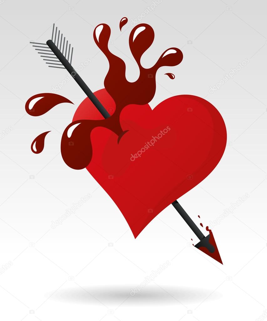 Arrow pierces a heart pops blood, vector illustration