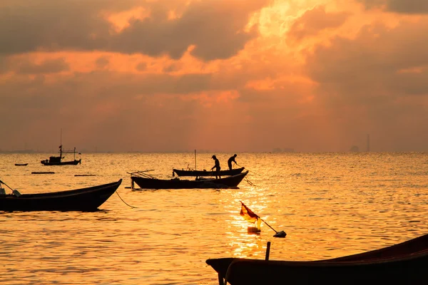 Fishing boats, small boats floating in the sea at sunrise, Conce — Stock Photo, Image