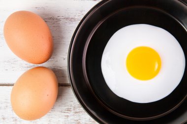 Beyaz ahşap tahta, üst VI üzerindeki kolu ile küçük tavada kızarmış yumurta