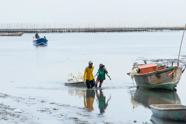 Los pescadores regresaron a la orilla de la pesca en la mañana . — Foto de Stock