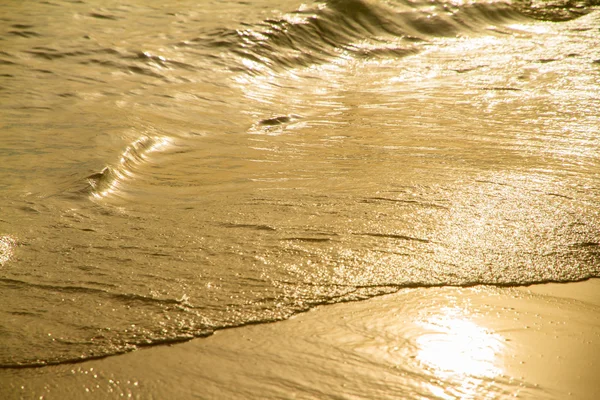 Cerca de olas doradas en la playa de arena al atardecer . —  Fotos de Stock