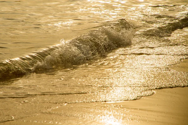 Cerca de olas doradas en la playa de arena al atardecer . —  Fotos de Stock