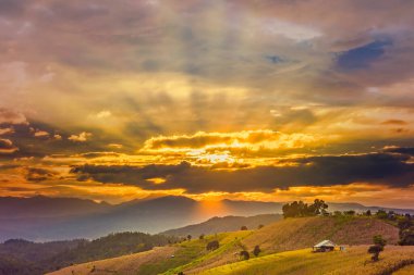 Pa Bong Piang Panorama Hava Manzarası güneş batarken pirinç tarlalarını, Mae Chaem, Chiang Mai Tayland.