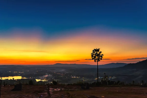 Silhouette Palm Tree Sunrise Colorful Twilight Sky Mountain — Stock Photo, Image