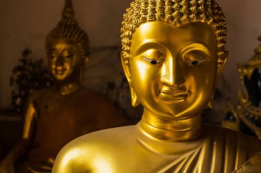 Nonthaburi, Tayland - 27 Mart 2021: Koh Kret, Nonthaburi, Tayland Prarai Tapınağının Altın Budist heykelleri