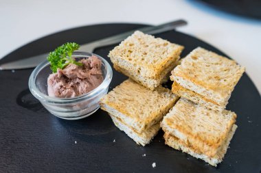 Piece Of Bread With Liver Pate in a cafe at Thailand.