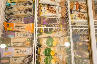 Bangkok, Thailand - April, 04, 2021 :Ice cream in the freezer..in the convenience store at Bangkok, Thailand