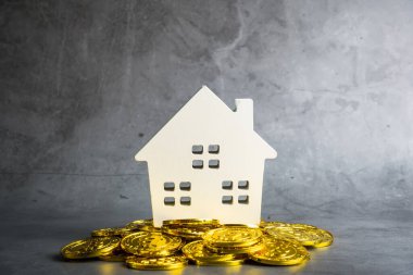 Bitcoin bozuklukları üzerinde ahşap ev modeli. Yatırım mülkiyeti, iş ve finans kavramı. Dijital çağda para tasarrufu. Bitcoin finansmanı