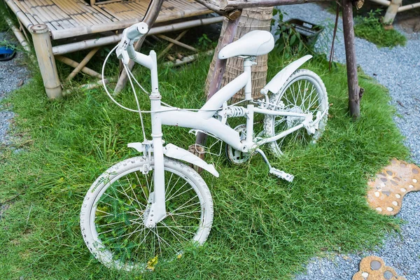 Bicicleta Vieja Color Blanco Césped Verde —  Fotos de Stock