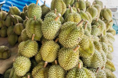 Durian, Tayland 'daki meyveler. Tropikal meyveler markette lezzetli, tatlı ve güzel kokulu satılıyor..