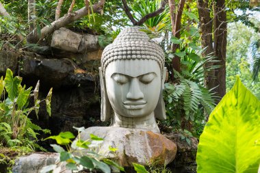 Geniş bir taş Buda heykeli. Etrafı bereketli tropikal yeşilliklerle çevrili. Açık hava bahçesinde.