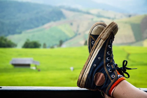 Zapatillas con campos verdes en el valle . —  Fotos de Stock