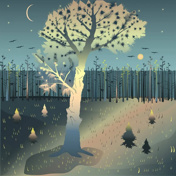 Kuzey enlemlerinin ormanları. Ormanın kenarında ay ışığında yalnız bir çam ağacı. Sarı ve mavinin tonlarında bir derece..