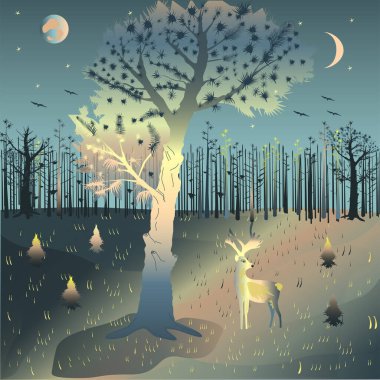 Ormanın kenarında ay ışığında geyikli bir çam..