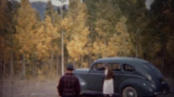 Αυτοκίνητο παρκαρισμένο σε Φθινοπωρινό δάσος — Αρχείο Βίντεο