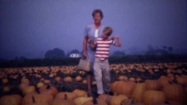 Mother and son at farmstand rpumpkin patch — Stock Video