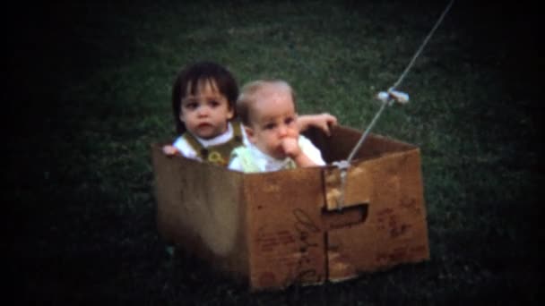 Copii trași în cutie de carton în curtea din spate — Videoclip de stoc
