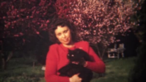 Señora en rojo acariciando gato negro — Vídeos de Stock