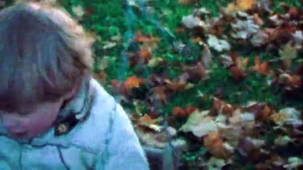 Chłopiec swingset jesień podwórku — Wideo stockowe