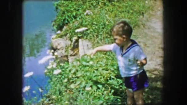 Boy throwing stick attempt into pond — ストック動画