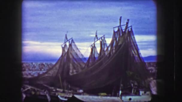 Net fishing boats raised hit port harbor — Stockvideo