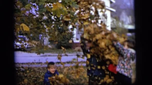 在秋天的落叶在一起玩耍的孩子 — 图库视频影像