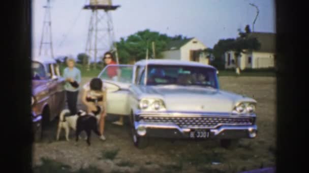 Mujeres que salen de un vehículo y son recibidas por perros — Vídeo de stock