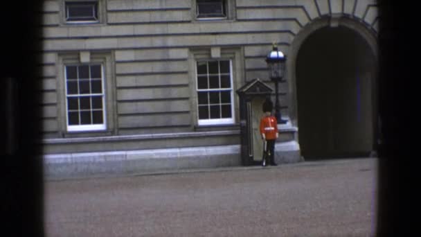 Guard is seen standing alert in front of a royal building — Stock Video