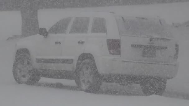 Schneefall auf einem weißen Jeep — Stockvideo