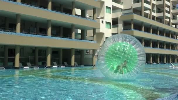Πισίνα κοντά στο ξενοδοχείο και χάμστερ μπάλα σε δράση — Αρχείο Βίντεο