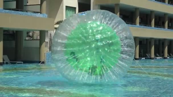 Бассейн рядом с отелем и мяч хомяка в действии — стоковое видео