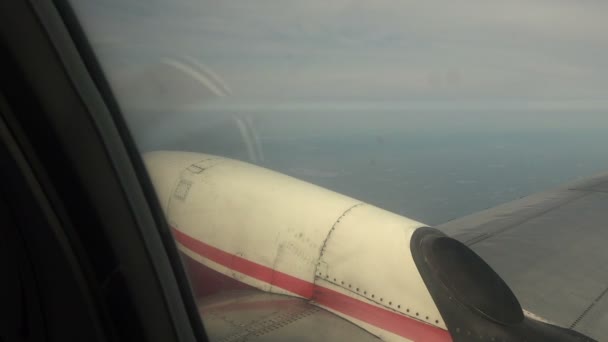 Blick aus dem Fenster auf Propellerflugzeug — Stockvideo