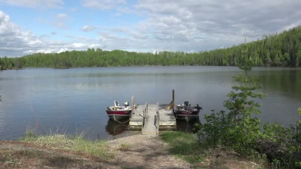 Boten op dok in lake — Stockvideo