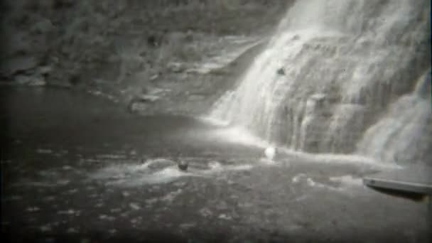 Familie schwimmt im Fluss Klippe Wasserfall — Stockvideo