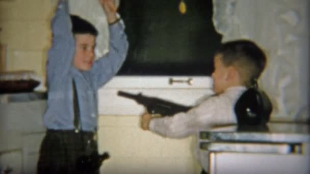 Kid pointing gun during role playing — Stock Video