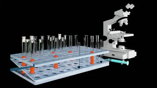 液体を含む顕微鏡装置及び科学実験用ガラス製品を用いた3Dレンダリング生化学研究室 — ストック写真